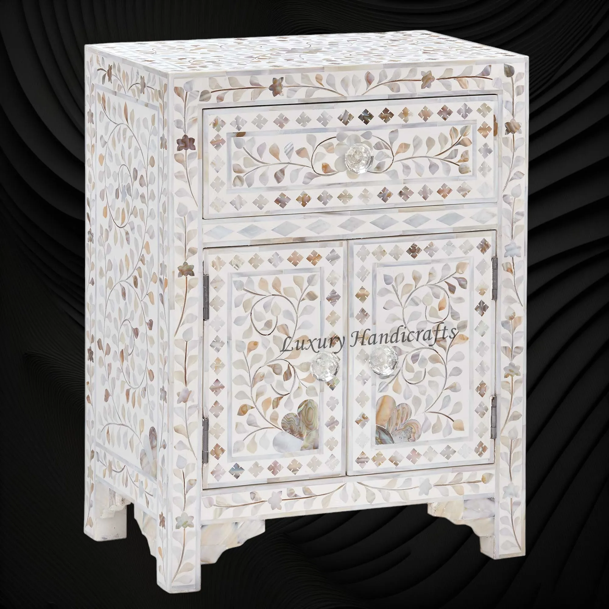 MOP Floral 1 Drawer 2 Door Bedside Table White