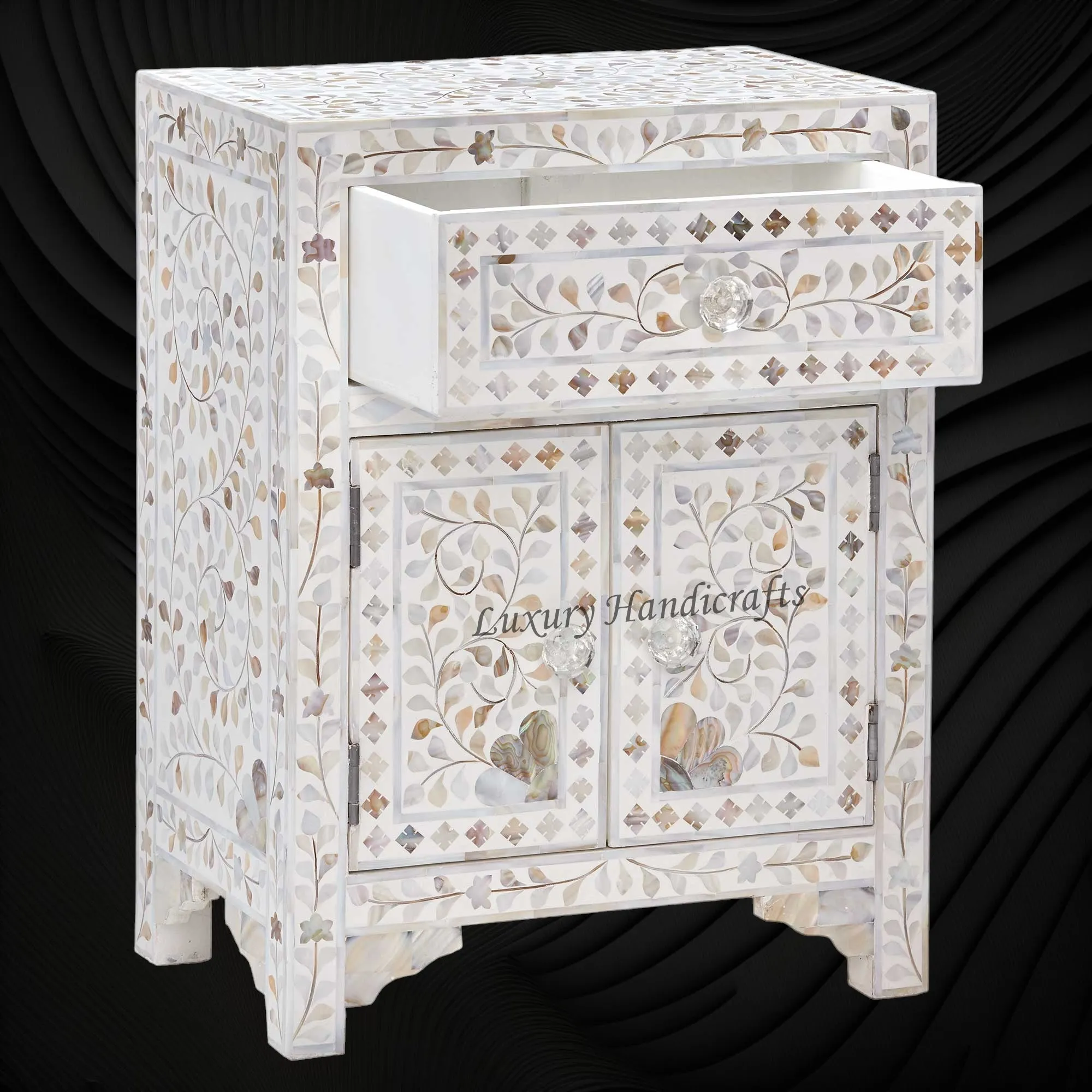 MOP Floral 1 Drawer 2 Door Bedside Table White