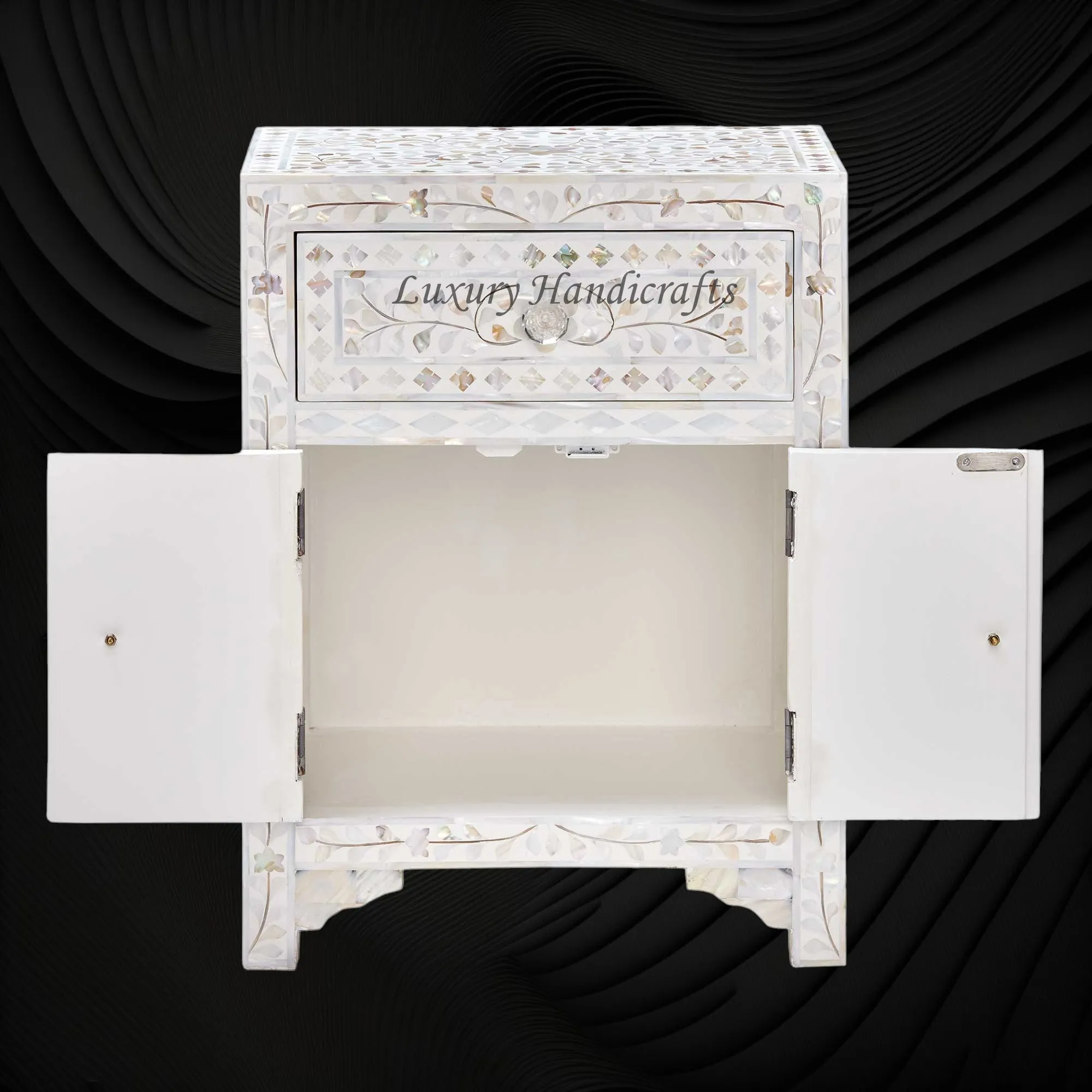 MOP Floral 1 Drawer 2 Door Bedside Table White