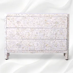 MOP Inlay Edge Floral 3 Drawer Dresser White