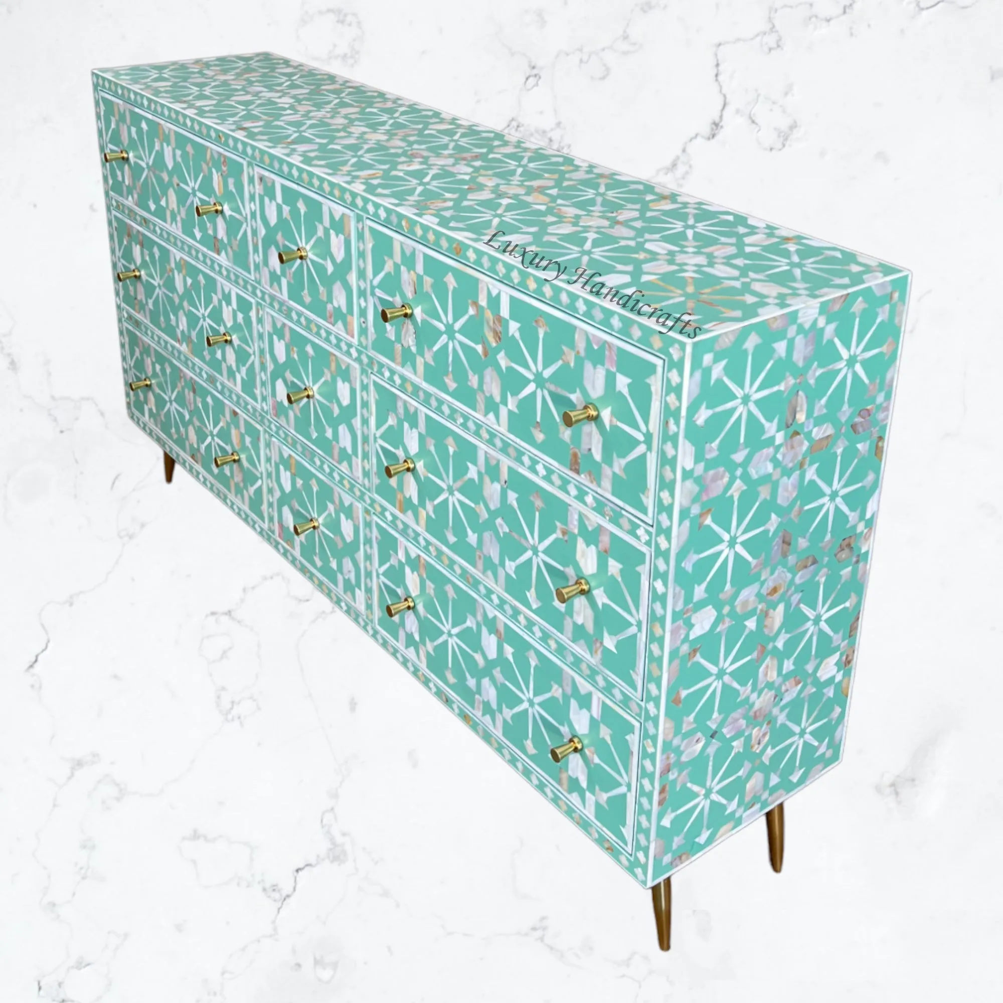 MOP Inlay Moroccan 9 Drawer Chest Green