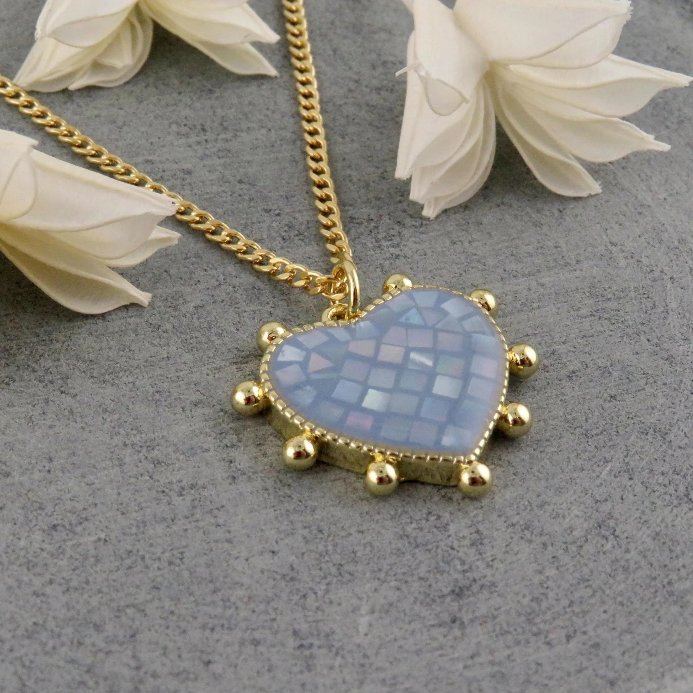 Mosaic Pearl Heart Necklace - Blue