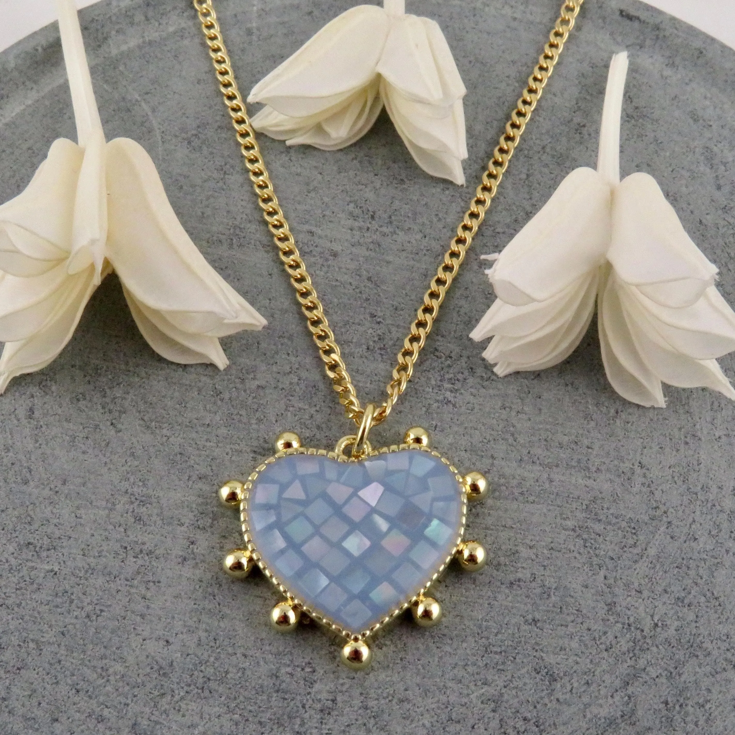 Mosaic Pearl Heart Necklace - Blue