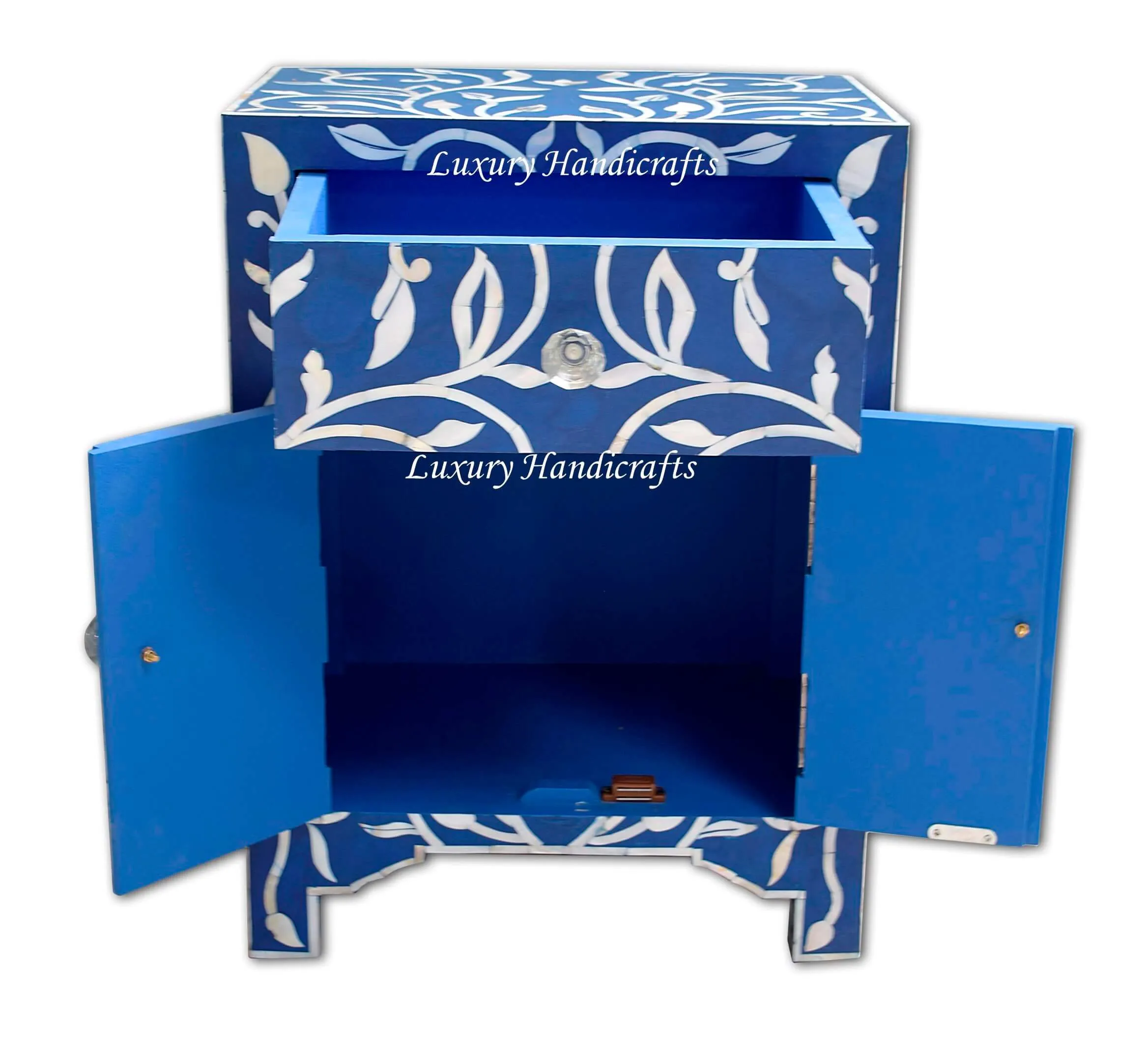 Mother Of Pearl Inlay 1 Drawer 2 Door Lily Design Bedside Dark Blue