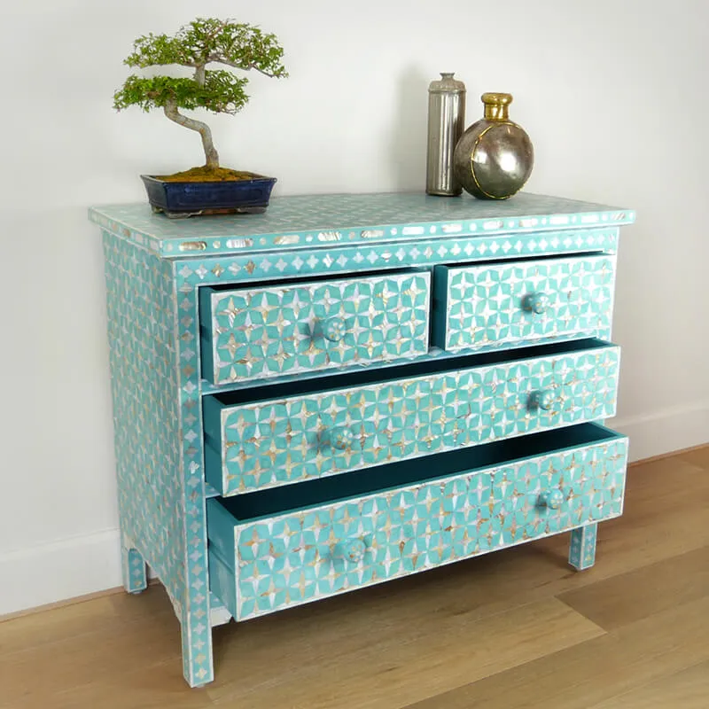 Mother Of Pearl Inlay 4 Drawer Star Chest Turquoise