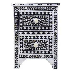 Mother Of Pearl Inlay Floral 2 Drawer Bedside Black