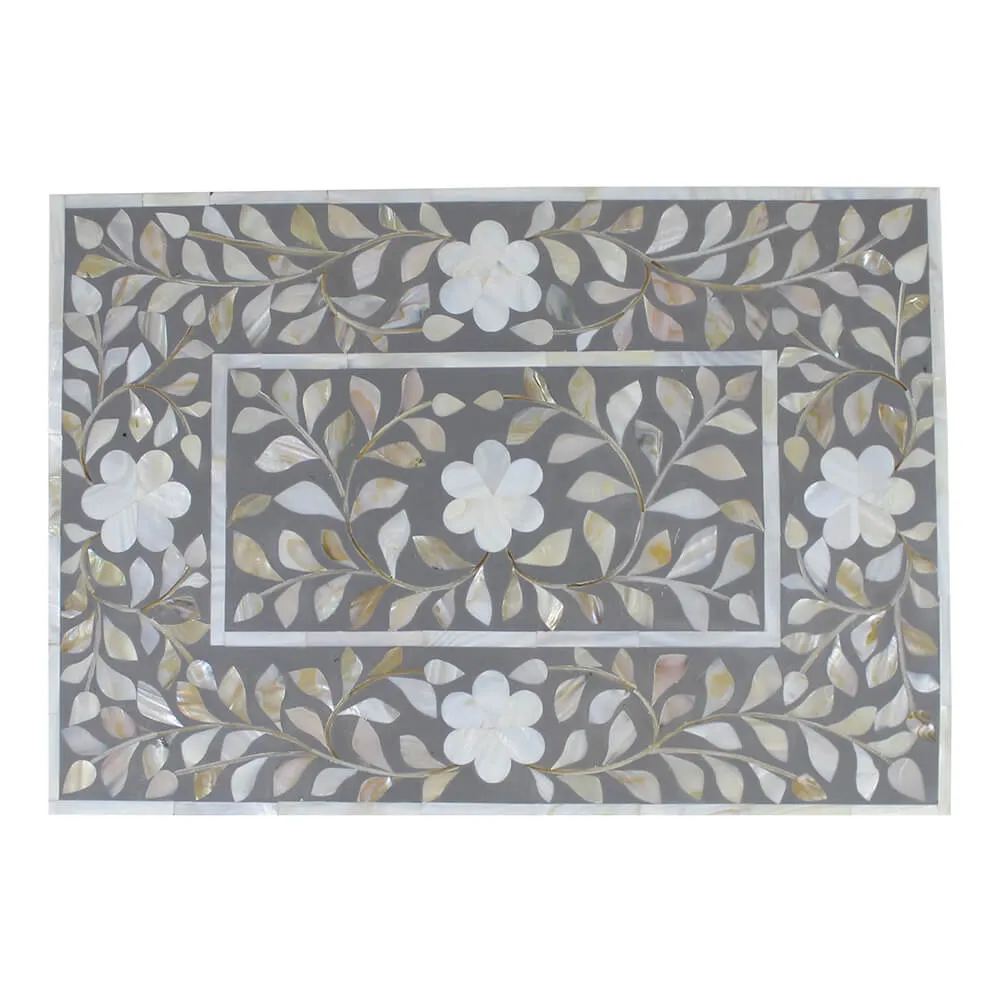 Mother Of Pearl Inlay Floral 2 Drawer Bedside Grey