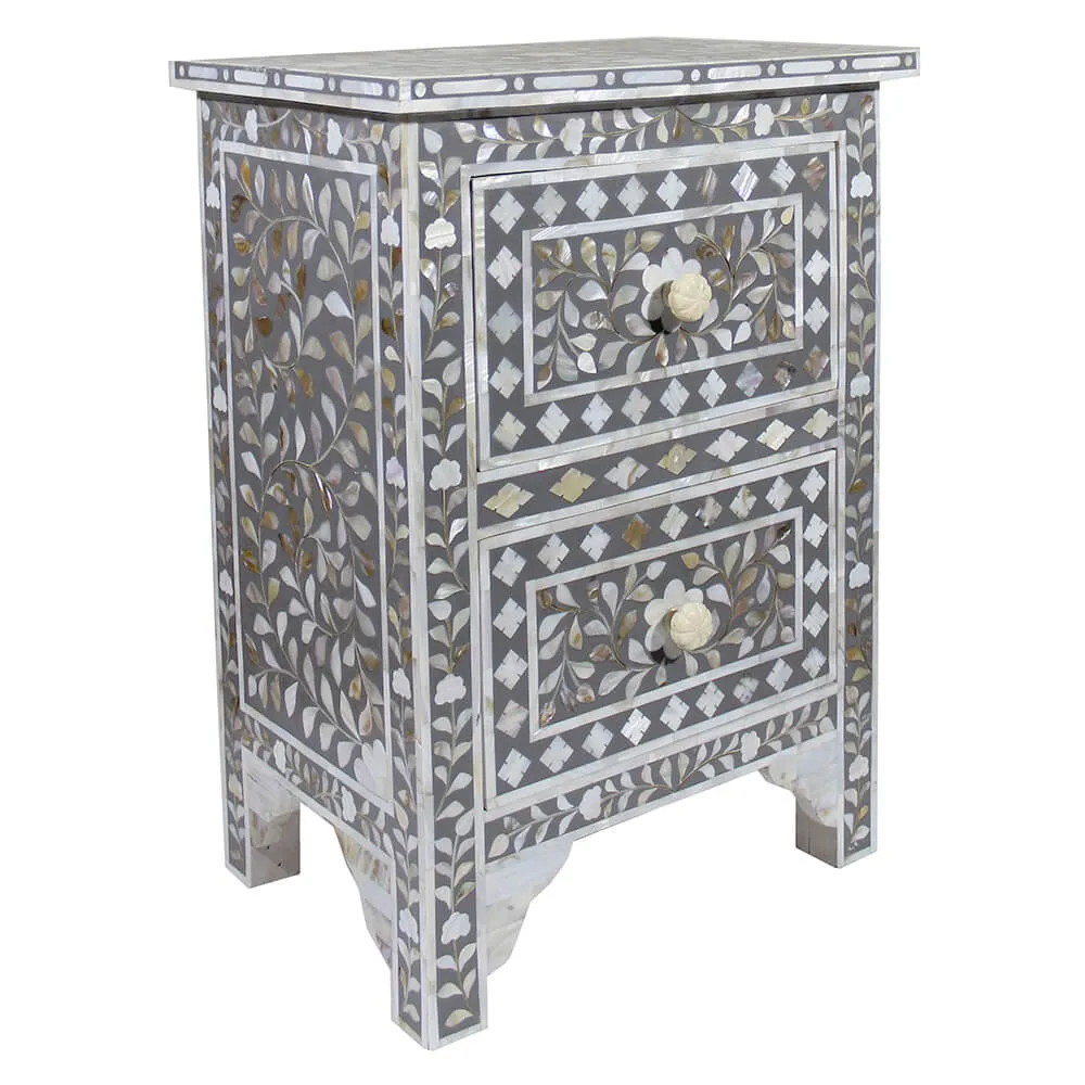 Mother Of Pearl Inlay Floral 2 Drawer Bedside Grey