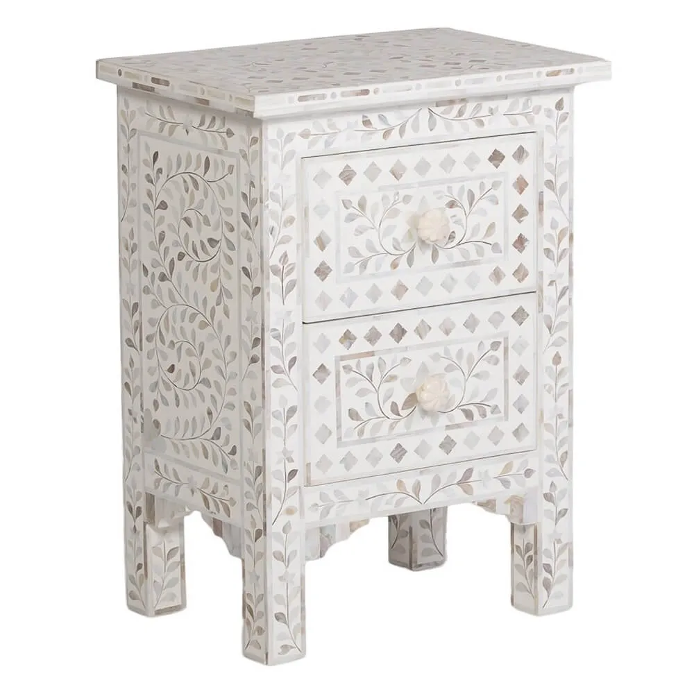 Mother Of Pearl Inlay Floral 2 Drawer Bedside White