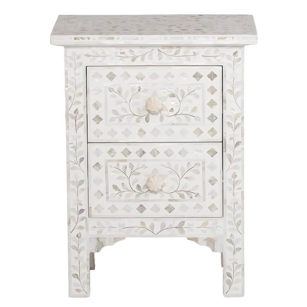 Mother Of Pearl Inlay Floral 2 Drawer Bedside White