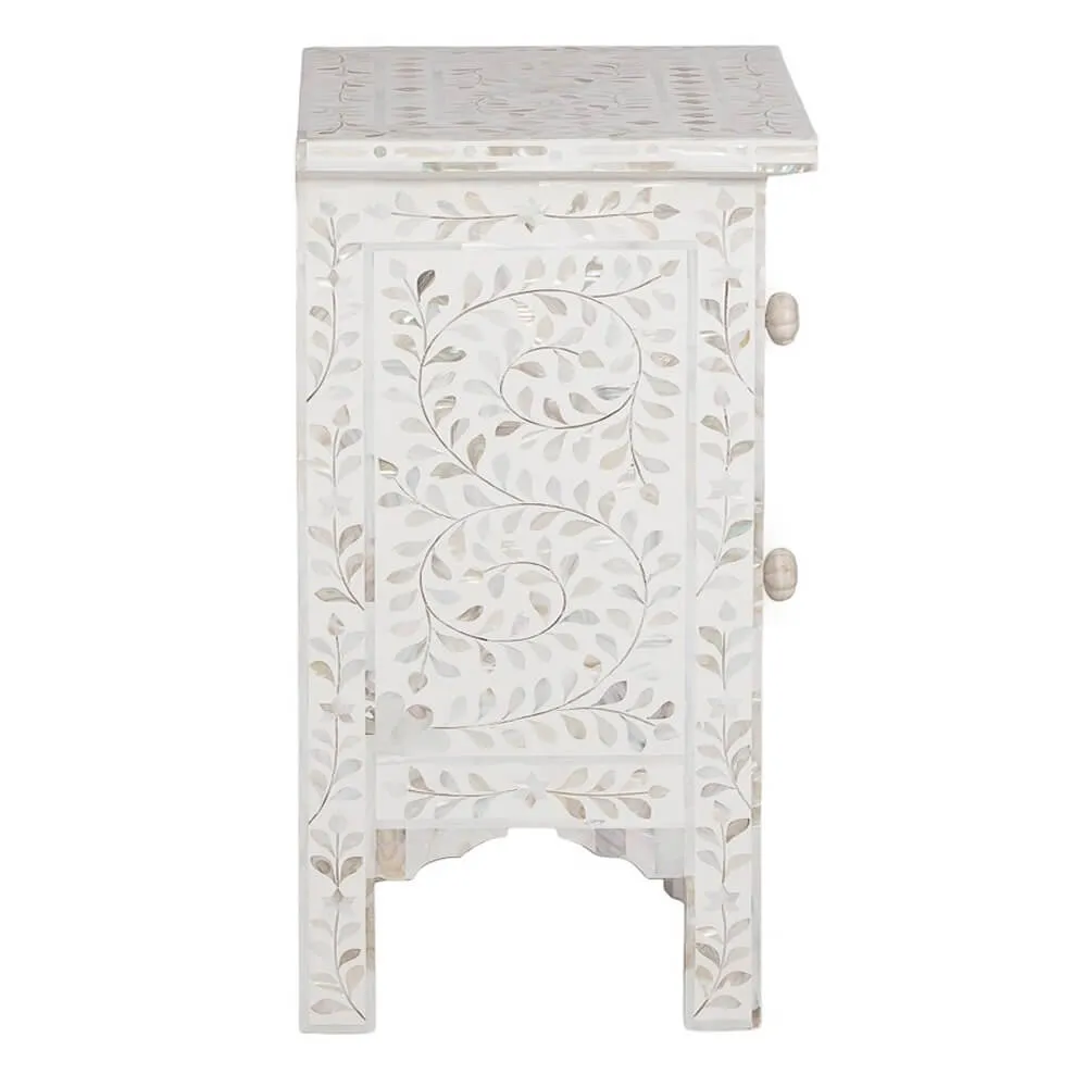 Mother Of Pearl Inlay Floral 2 Drawer Bedside White