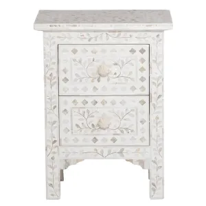 Mother Of Pearl Inlay Floral 2 Drawer Bedside White