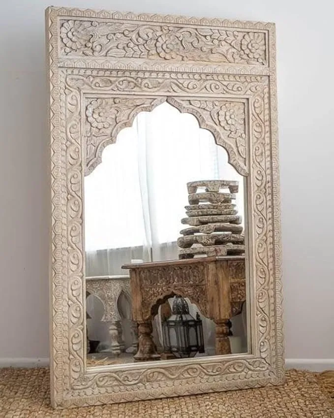 MUSKAN ARTS Solid Wooden HandCarved Mirror Frame | Frame Without Mirror for Living Room, Bedroom, Hall & Home, White, (130L x 70W CM)