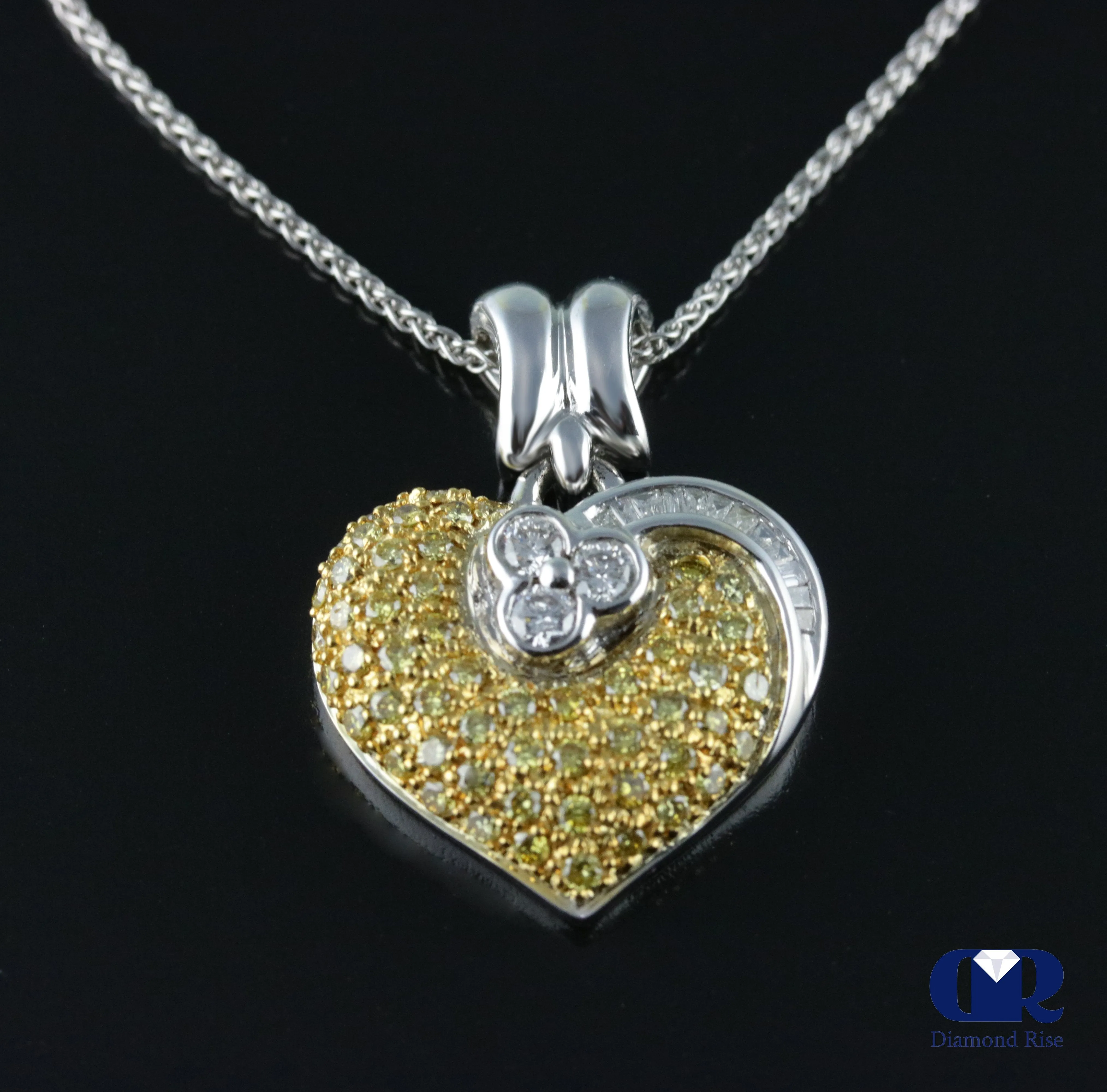 Natural 0.88 Carat Yellow & White Diamond Pendant Necklace In 14K White Gold