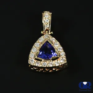 Natural 1.42 Ct Trillion Tanzanite & Round Diamond Pendant Necklace 14KYG