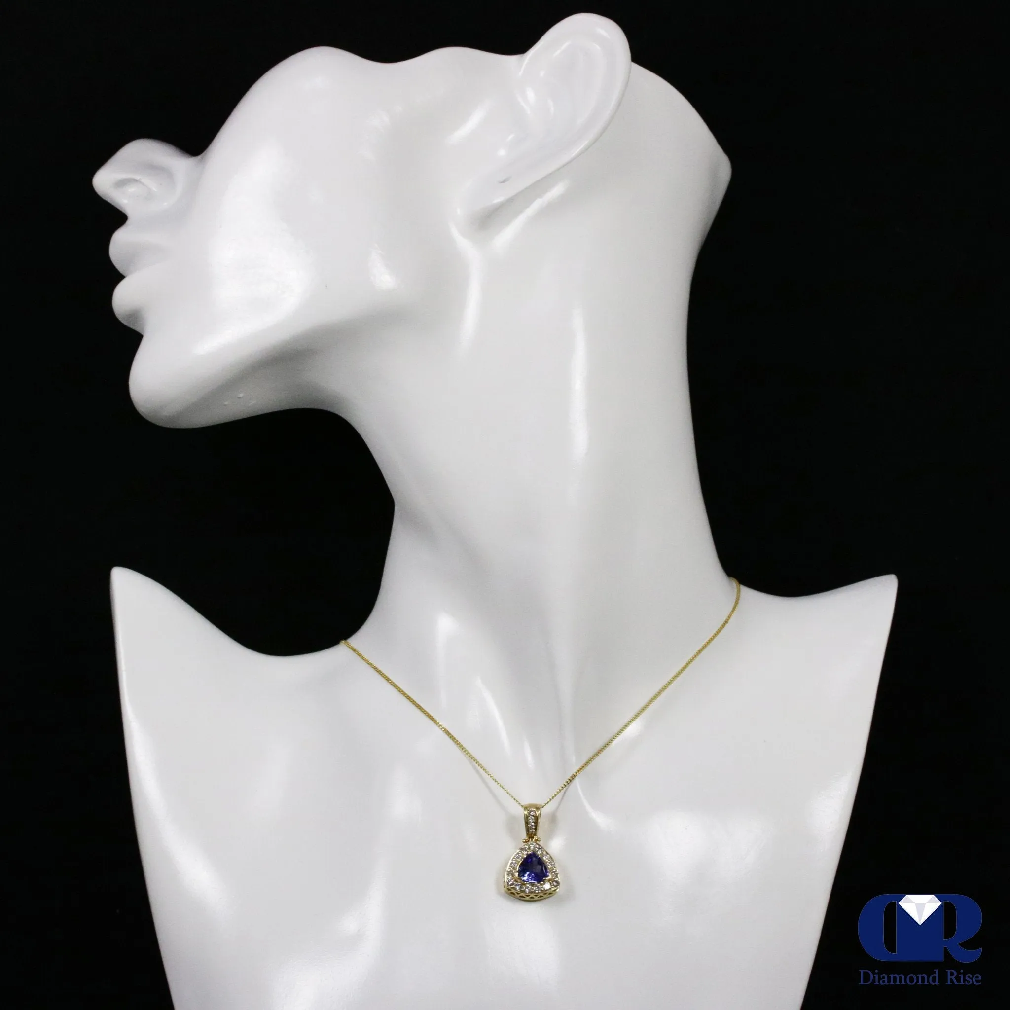 Natural 1.42 Ct Trillion Tanzanite & Round Diamond Pendant Necklace 14KYG