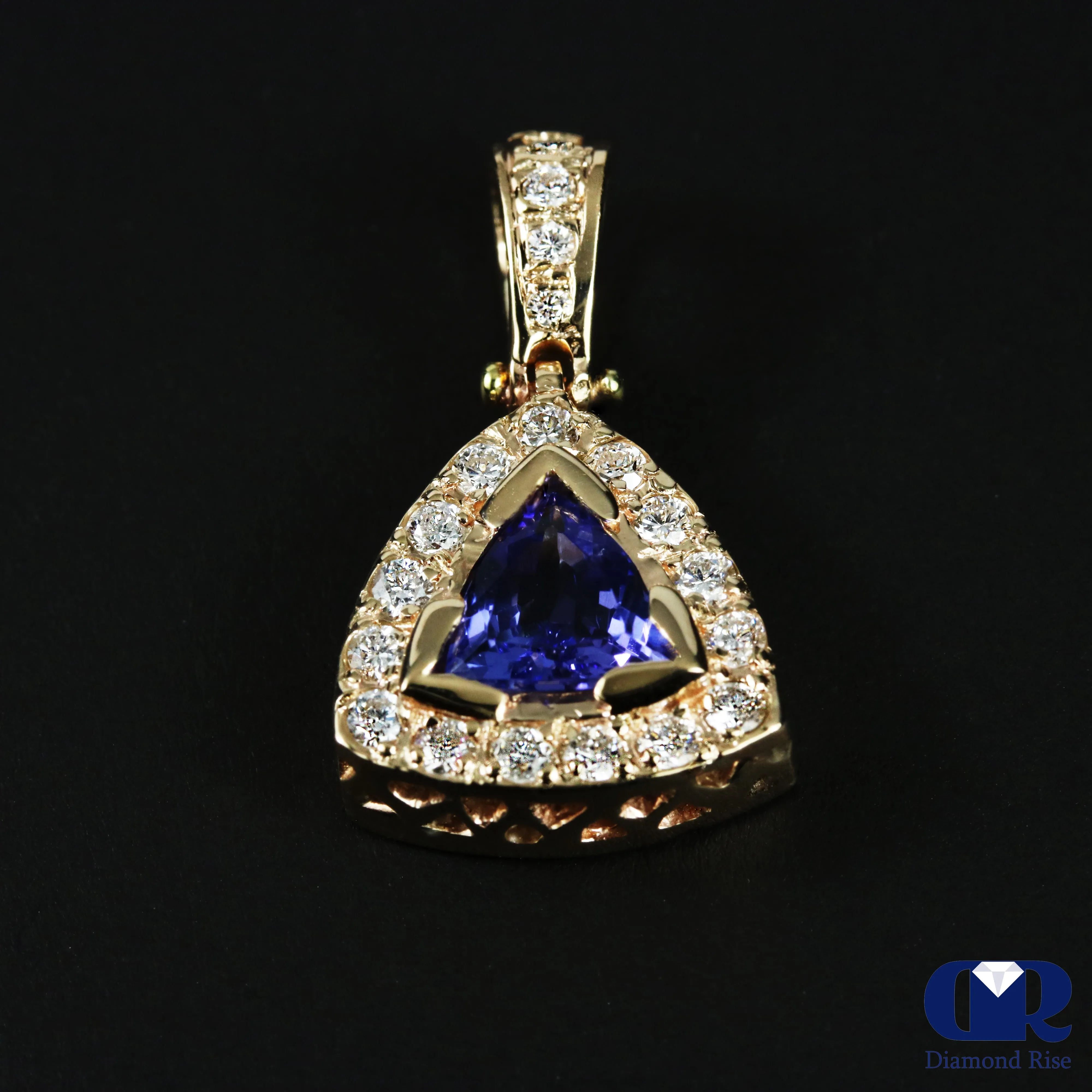 Natural 1.42 Ct Trillion Tanzanite & Round Diamond Pendant Necklace 14KYG