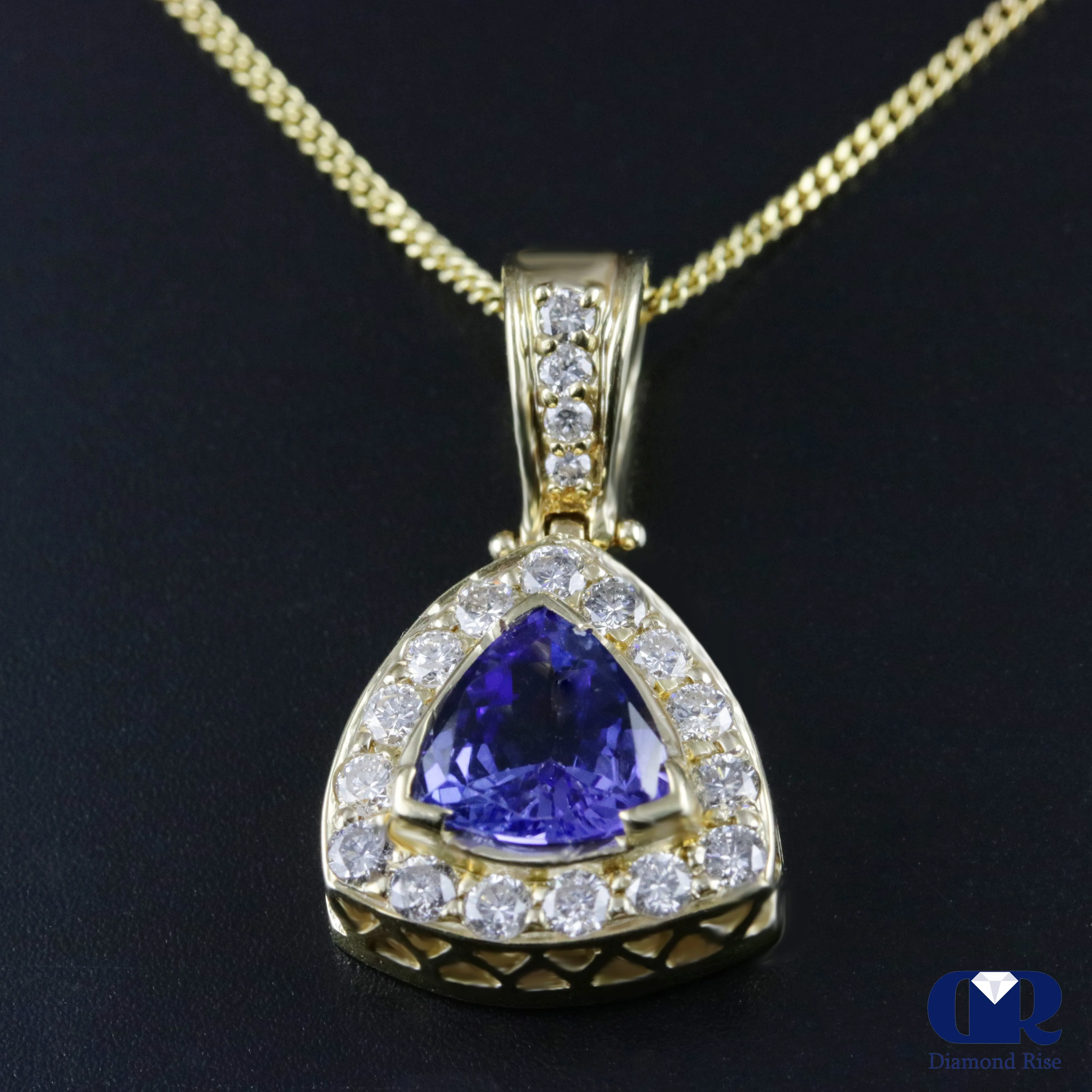 Natural 1.93 Ct Trillion Tanzanite & Round Diamond Pendant Necklace 14K Yellow Gold