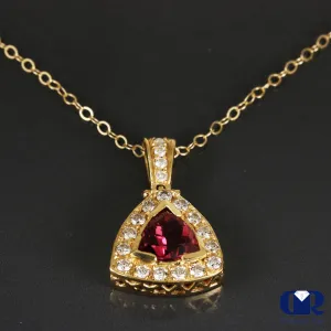 Natural Pink Trillion Tourmaline & Diamond Pendant Necklace In 14K Yellow Gold