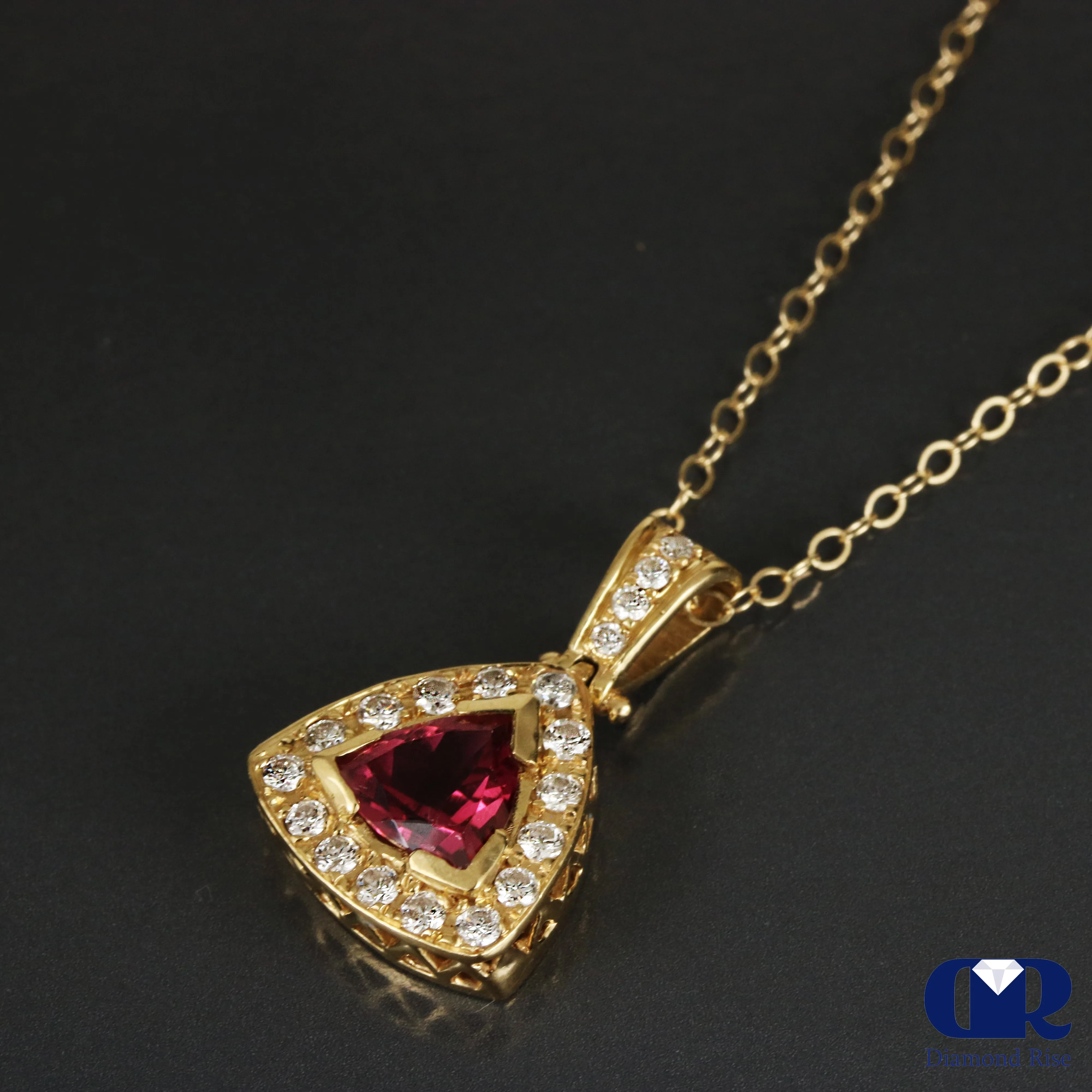 Natural Pink Trillion Tourmaline & Diamond Pendant Necklace In 14K Yellow Gold