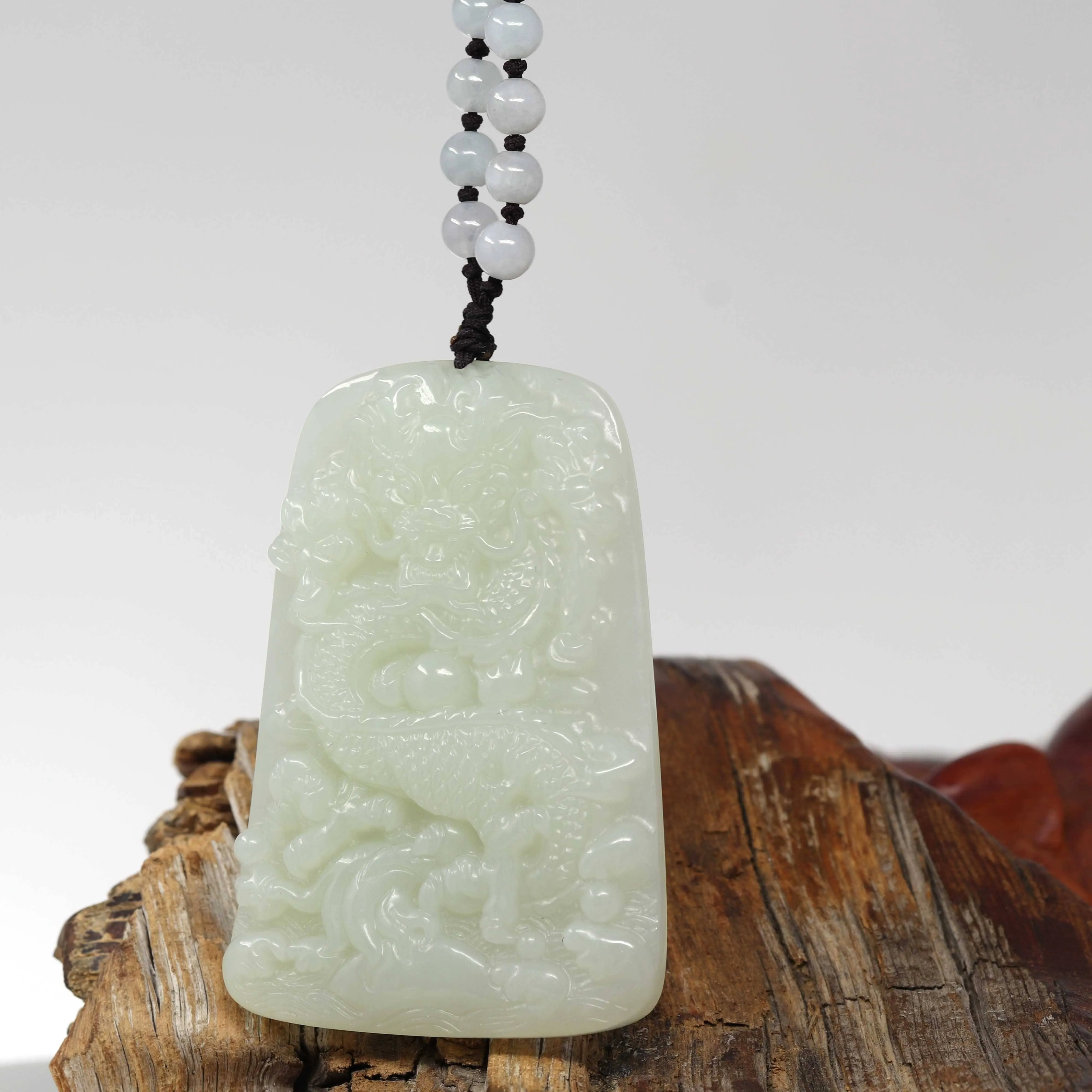 Natural White Nephrite Jade Double Dragon Pendant Necklace ( Carved Art )