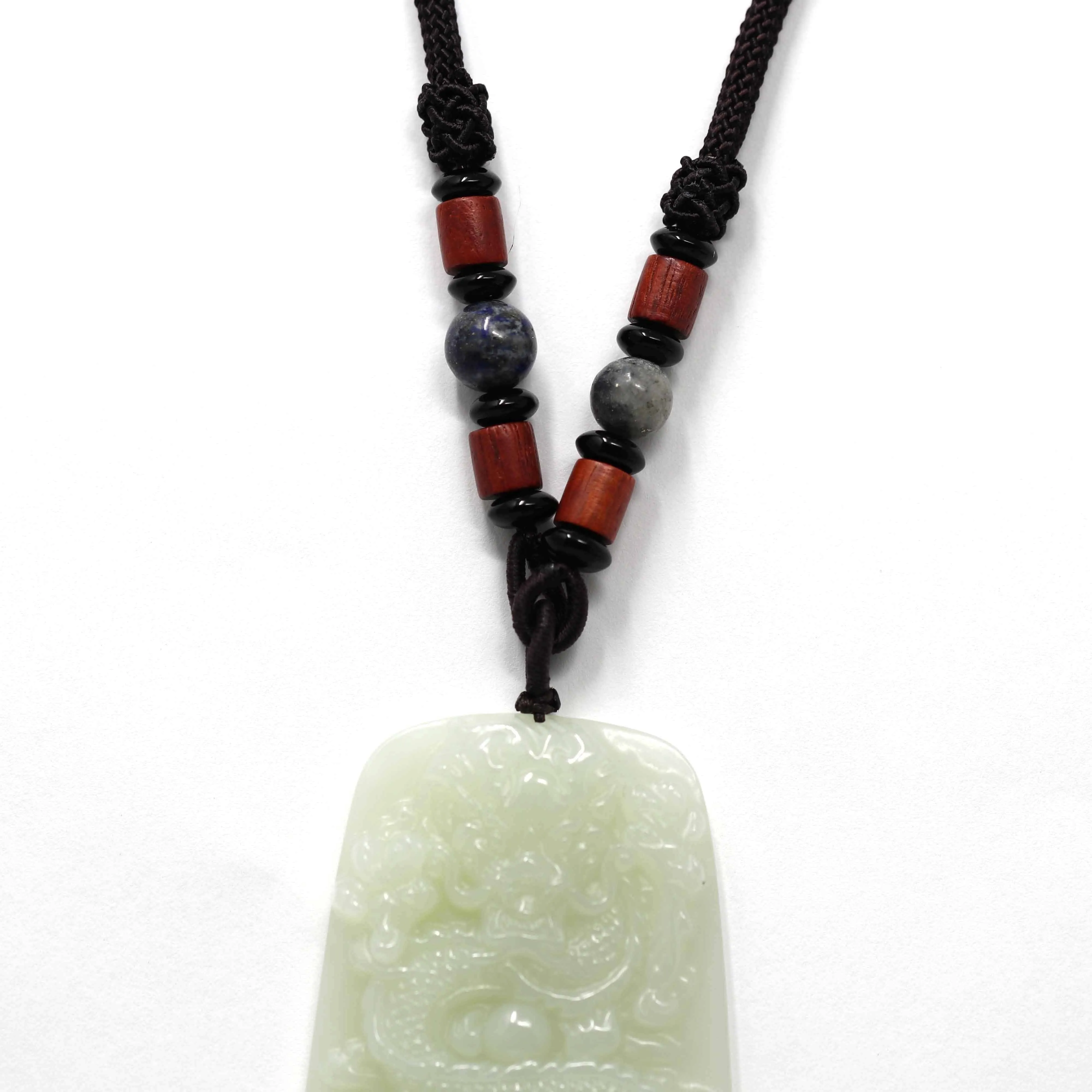 Natural White Nephrite Jade Double Dragon Pendant Necklace ( Carved Art )