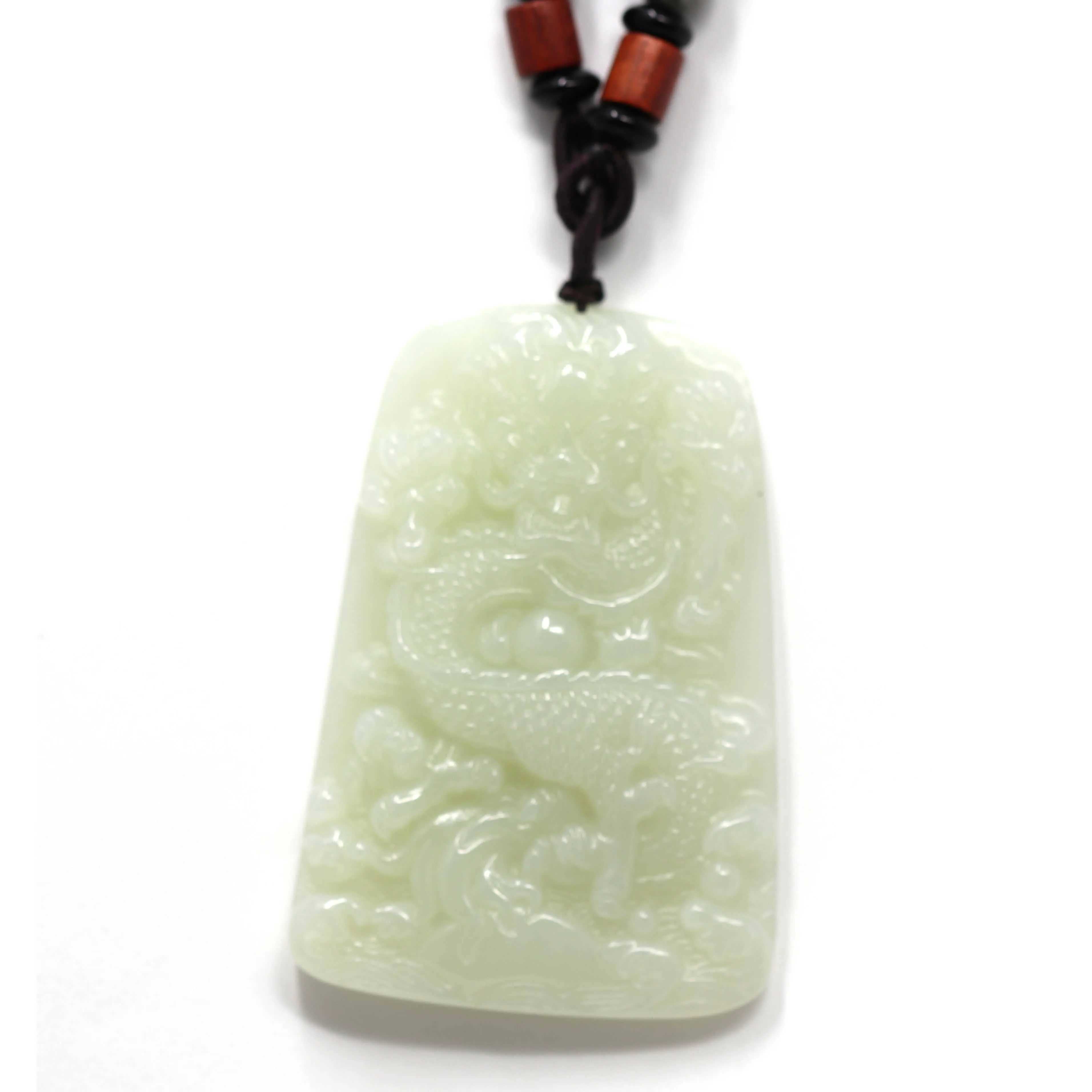 Natural White Nephrite Jade Double Dragon Pendant Necklace ( Carved Art )