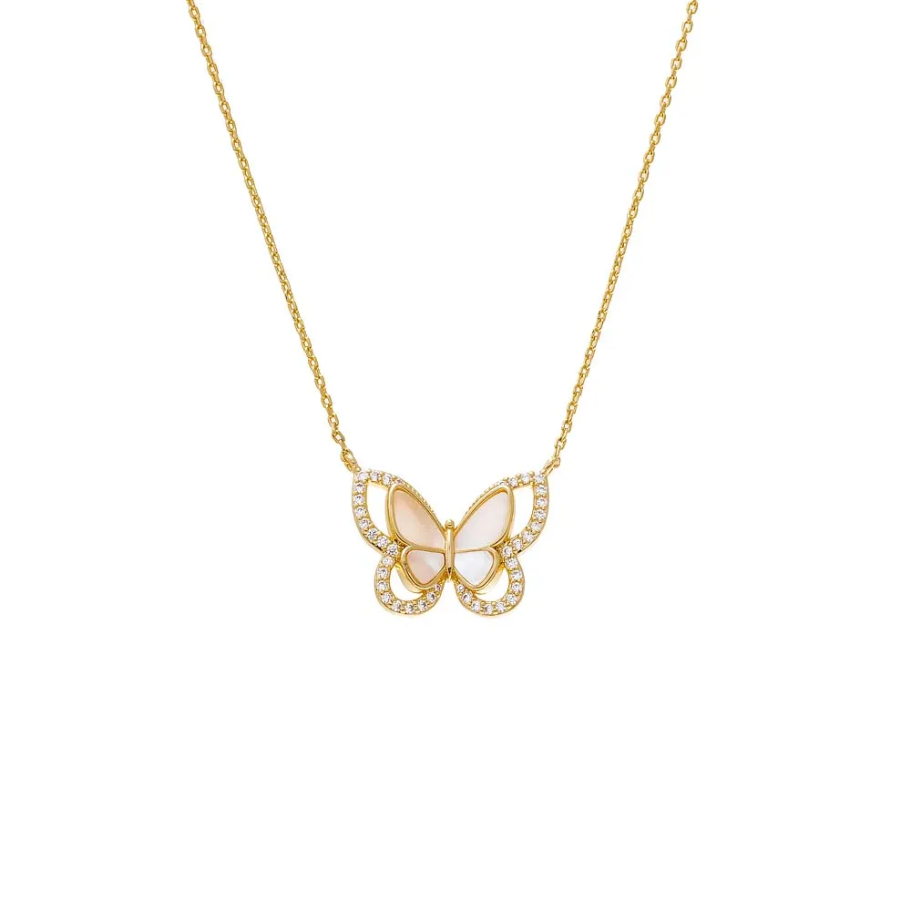 Pave Mother Of Pearl Butterfly Cutout Pendant Necklace