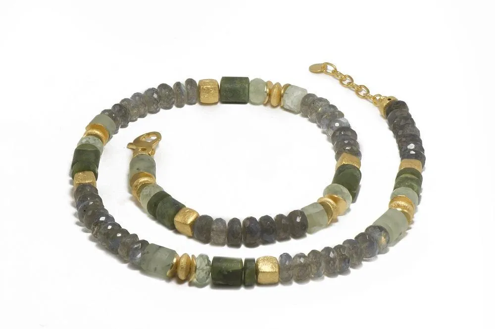 Prehnite and Labradorite Necklace 8mm 24K Fair Trade Gold Vermeil