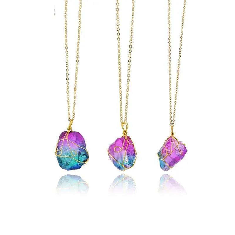 Rainbow Natural Stone Pendant Necklace Charm Crystal Jewelry Unisex Necklace