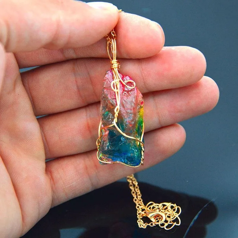 Rainbow Natural Stone Pendant Necklace Charm Crystal Jewelry Unisex Necklace