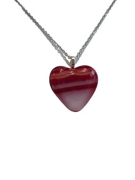 Red and White Striped Fused Glass Heart Pendant necklace on 18 inch stainless steel chain