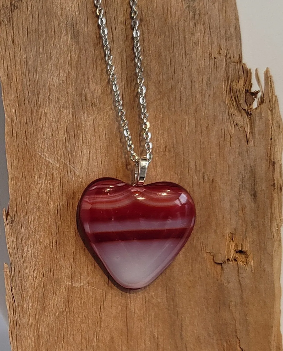 Red and White Striped Fused Glass Heart Pendant necklace on 18 inch stainless steel chain