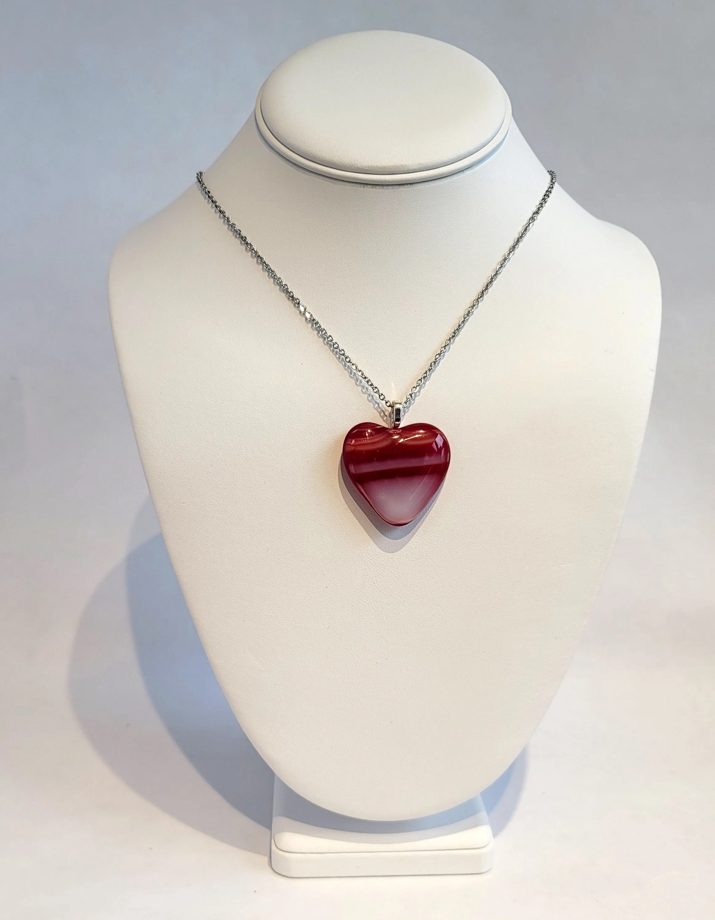 Red and White Striped Fused Glass Heart Pendant necklace on 18 inch stainless steel chain