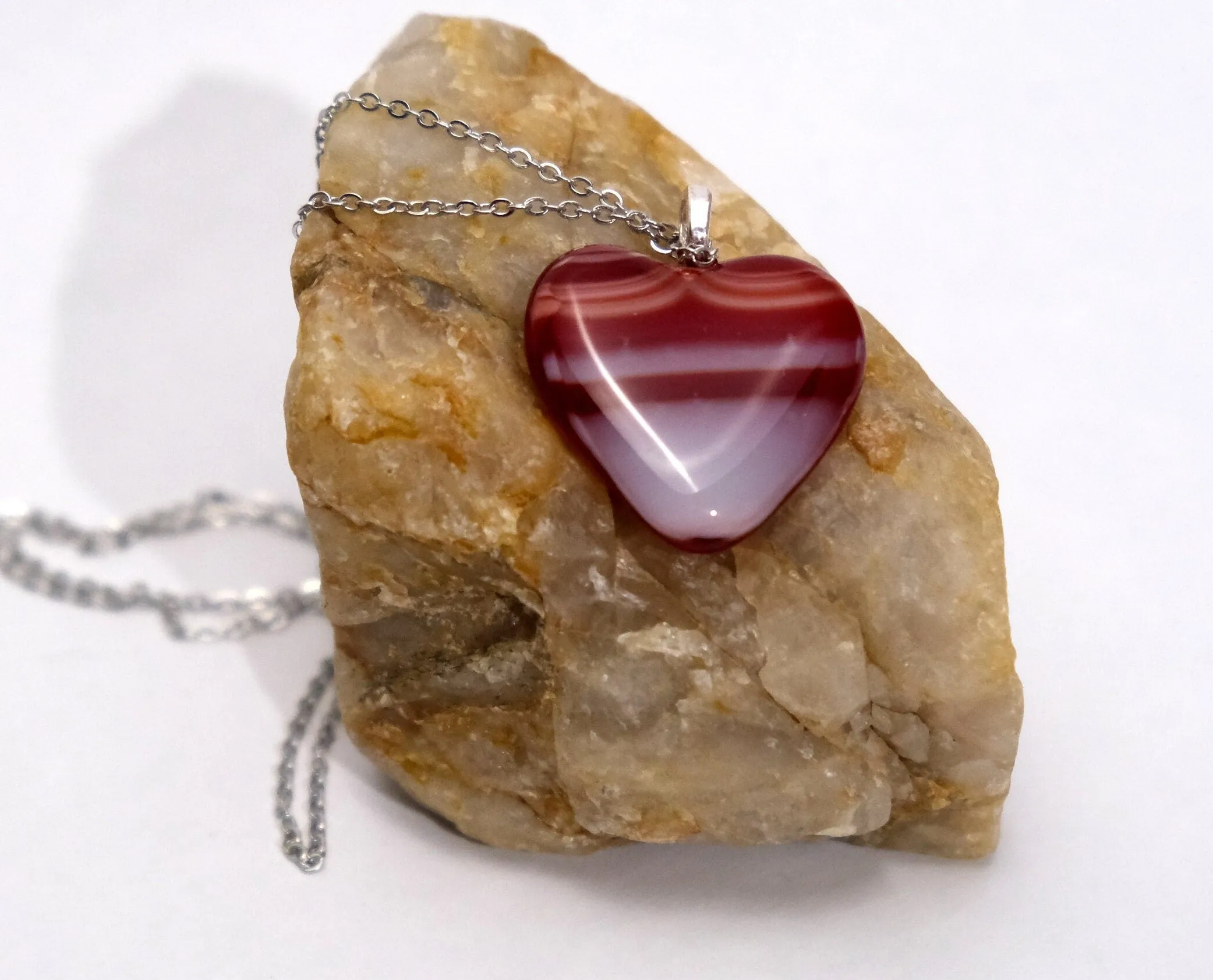 Red and White Striped Fused Glass Heart Pendant necklace on 18 inch stainless steel chain