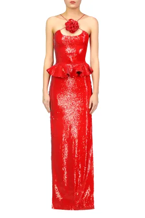 Red Sequin Peplum Gown With Sequin Flower Pin