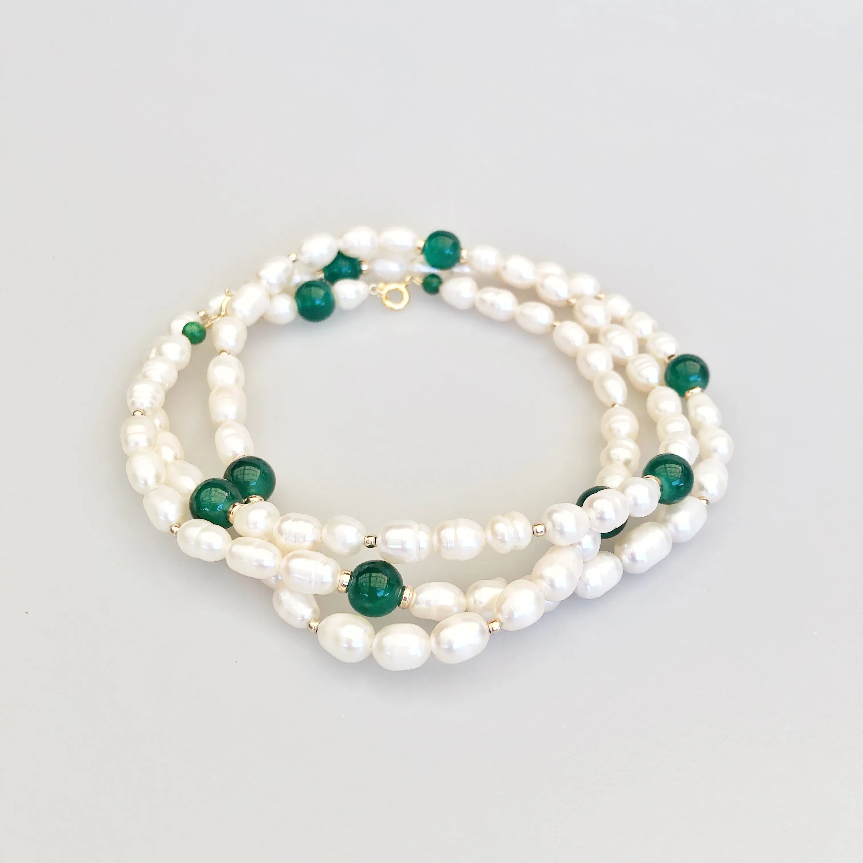 Return to Origin Beaded Pearl Lariat Necklace Set with Green Tassels