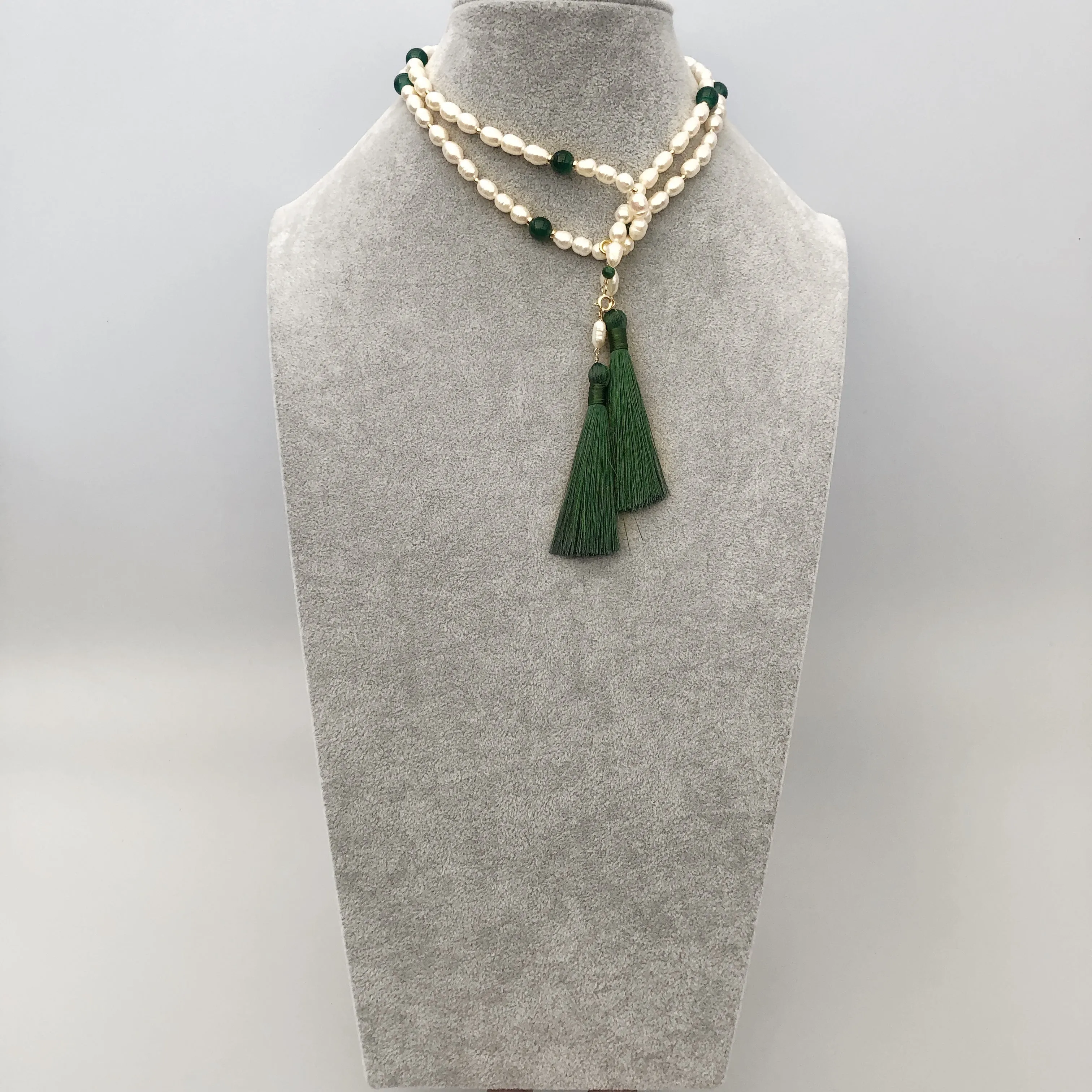 Return to Origin Beaded Pearl Lariat Necklace Set with Green Tassels