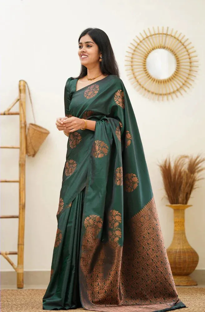 Seraglio Dark Green Soft Silk Saree With Enchanting Blouse Piece