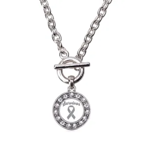 Silver Gray Ribbon Survivor Circle Charm Toggle Necklace