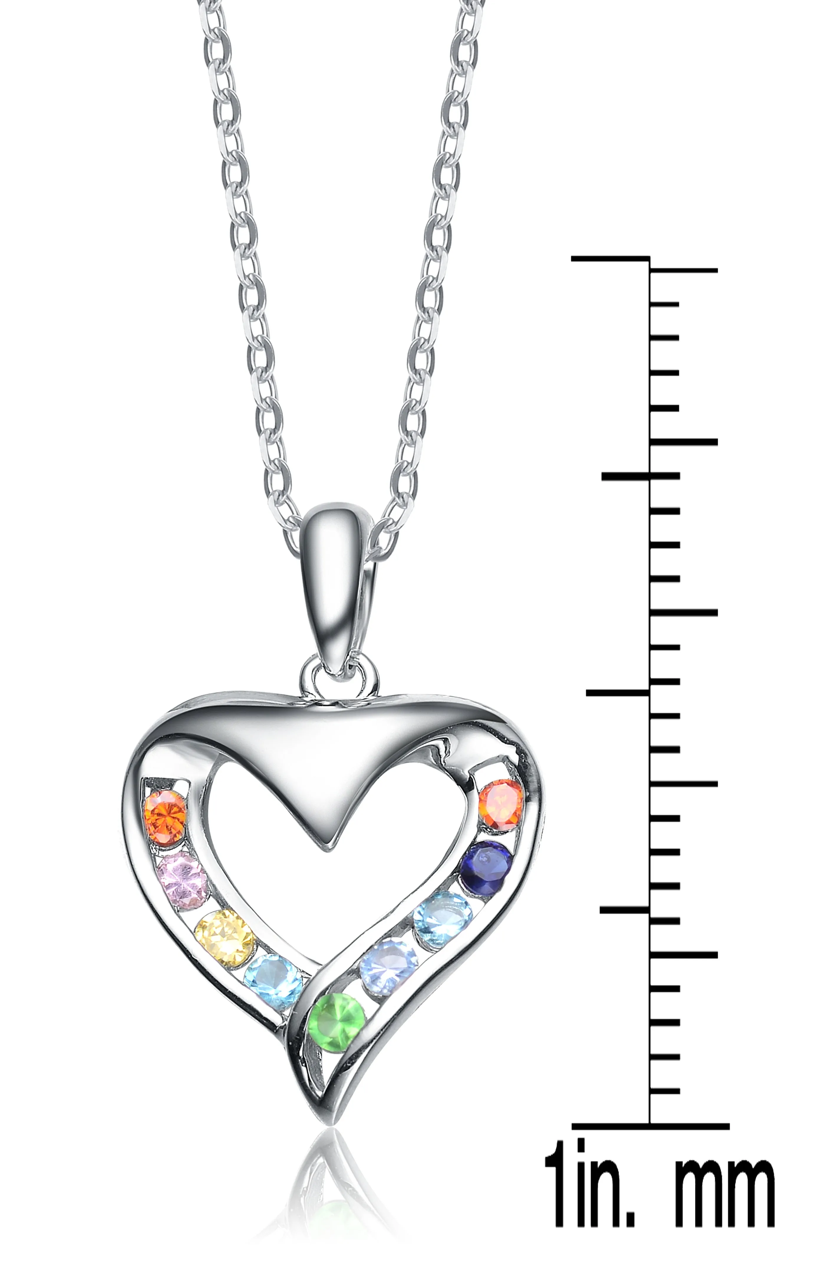 Sterling Silver Cubic Zirconia and Burnt Amber Blue White Green and Yellow Cubic Zirconia Heart Pendant Necklace