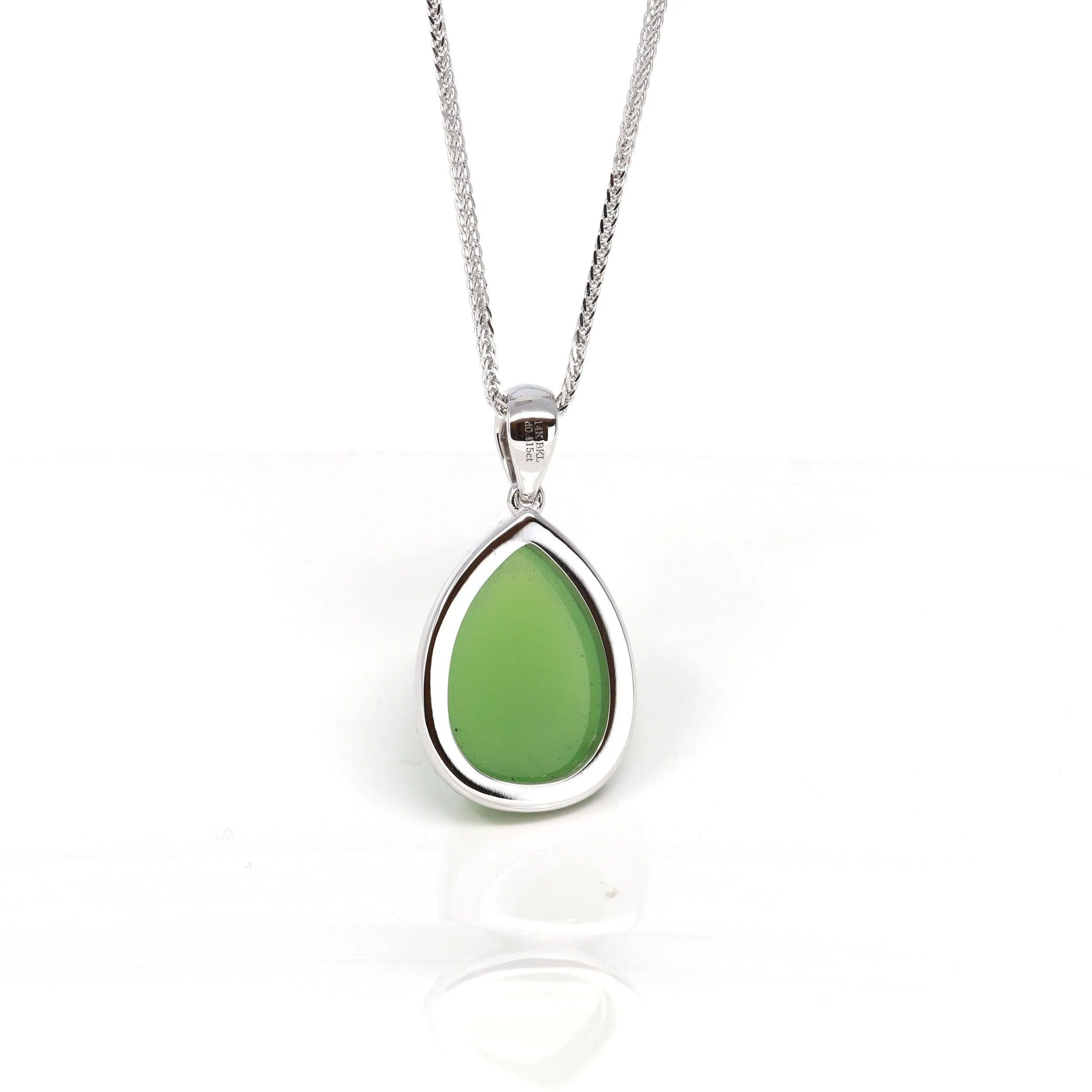 Sterling Silver Genuine Green Apple Green Jade Tear Drop Pendant Necklace With White Sapphire