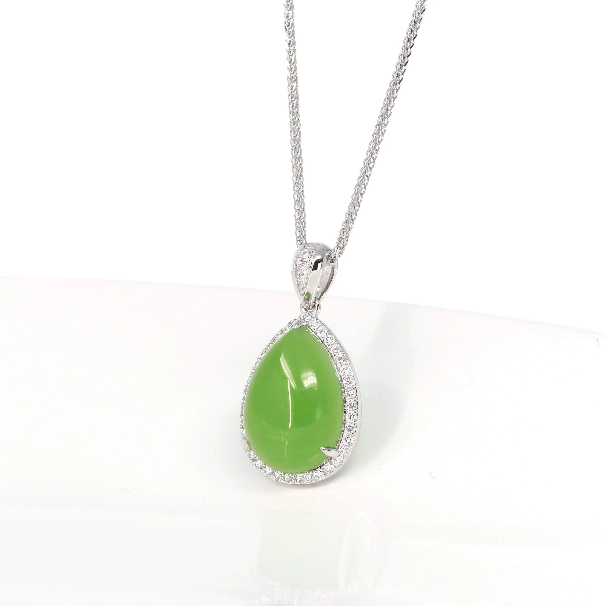 Sterling Silver Genuine Green Apple Green Jade Tear Drop Pendant Necklace With White Sapphire