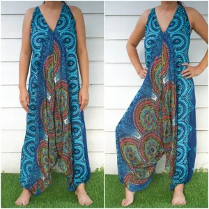 Teal Mandala Boho Hippie Jumpsuit Rompers