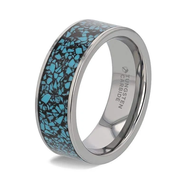 Thorsten TURKUAZ Crushed Turquoise Inlay Tungsten Men's Wedding Band With Flat Polished Edges - 8mm