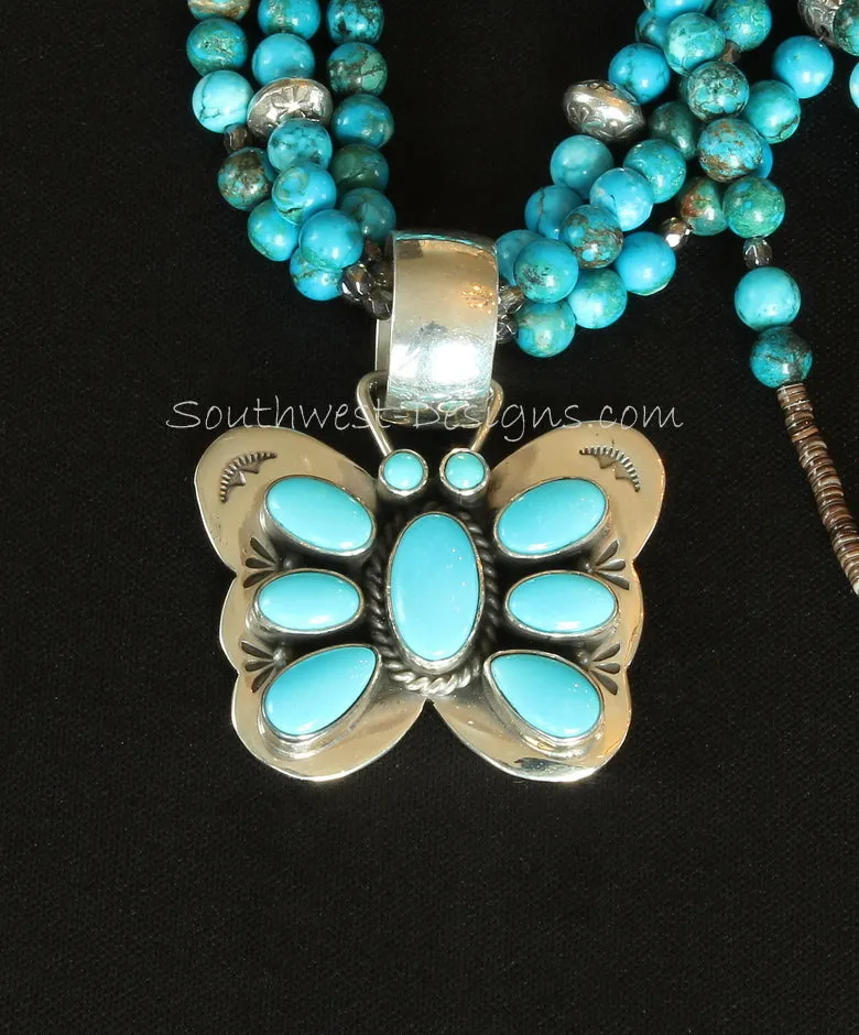 Turquoise and Sterling Silver Butterfly Pendant with 3 Strands of Turquoise Rounds, Fire Polished Glass, Olive Shell Heishi and Sterling Silver