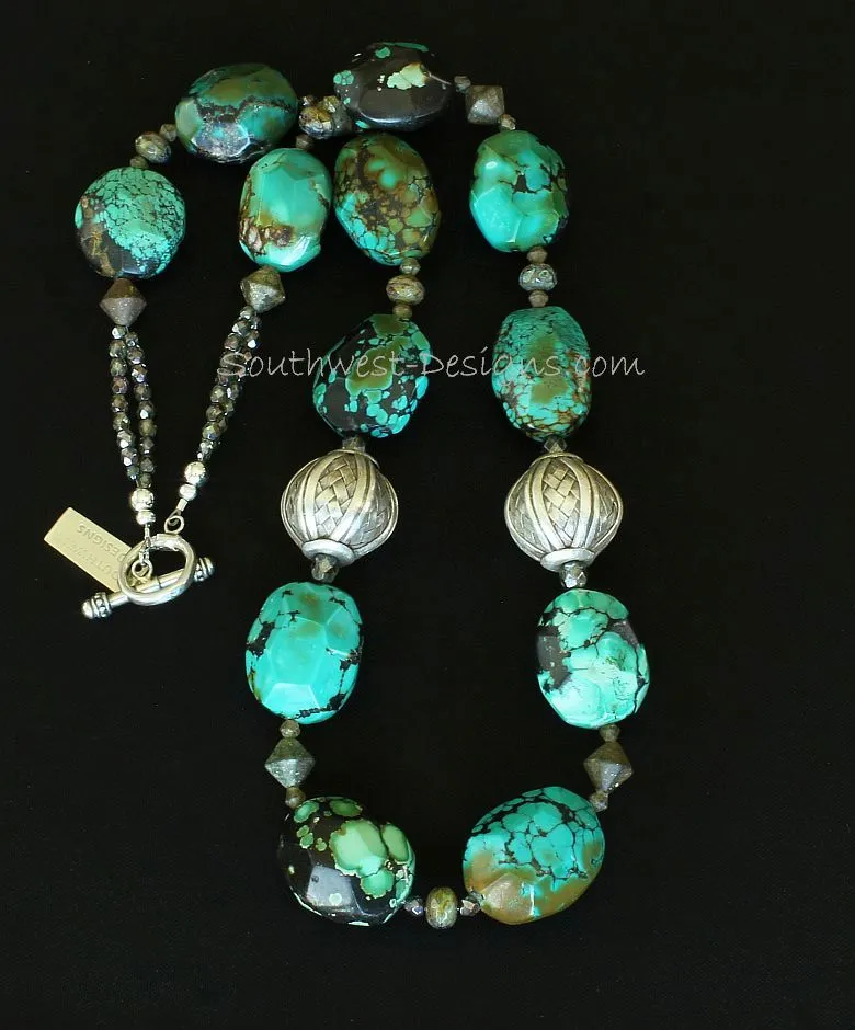 Turquoise Faceted Oval Necklace with Turkish Glass Bicones, Czech Luster Glass, Fire Polished Glass, and Sterling Silver Woven Rounds and Toggle Clasp