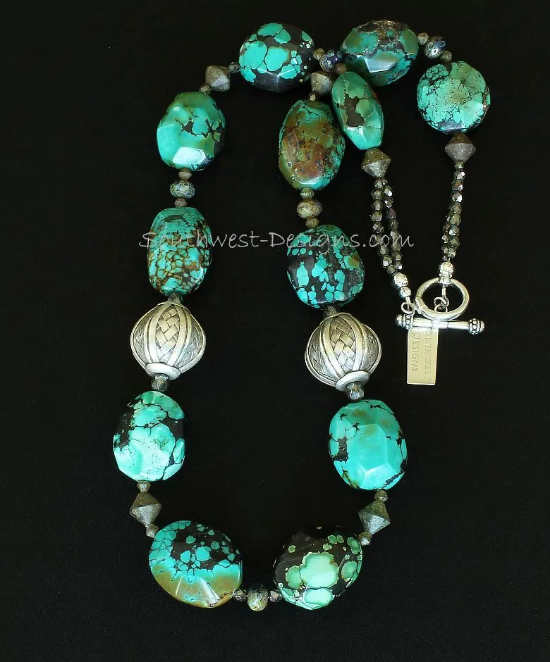 Turquoise Faceted Oval Necklace with Turkish Glass Bicones, Czech Luster Glass, Fire Polished Glass, and Sterling Silver Woven Rounds and Toggle Clasp