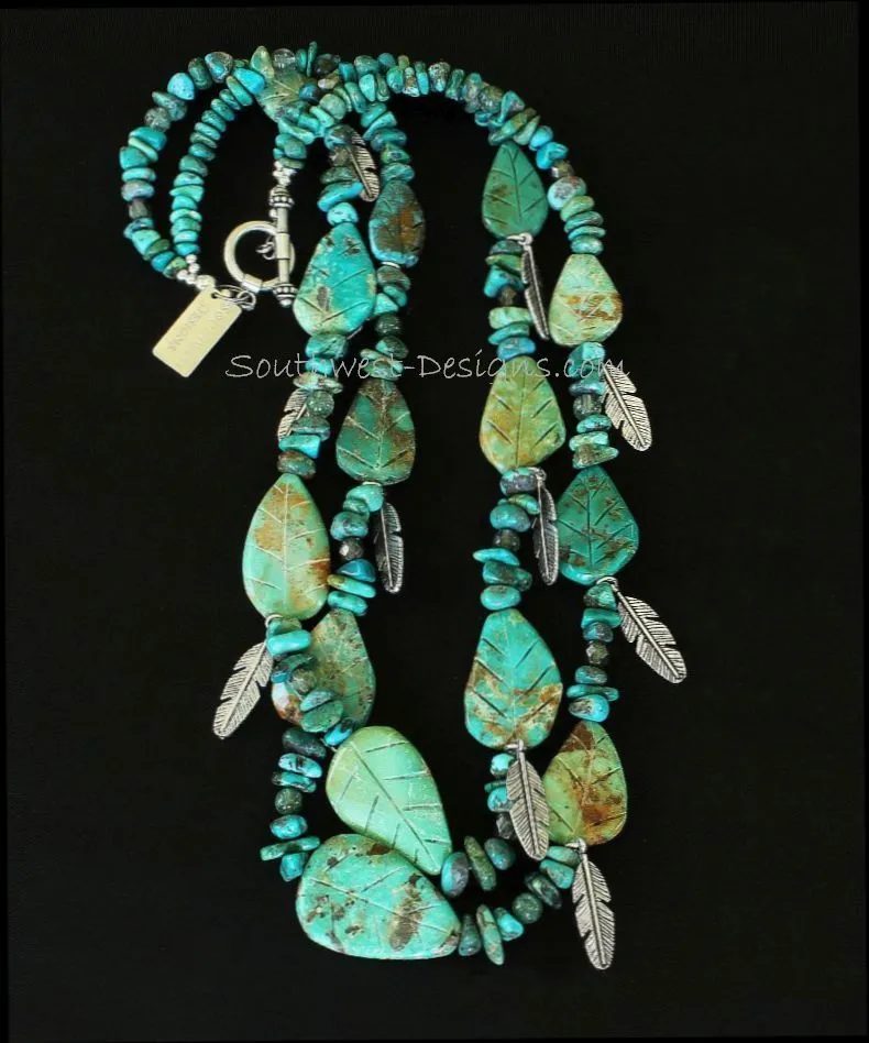 Turquoise Nugget and Leaves 2-Strand Necklace with Green Rutilated Quartz, Fire Polished Glass, Silver Feather Charms and Sterling Silver Toggle Clasp