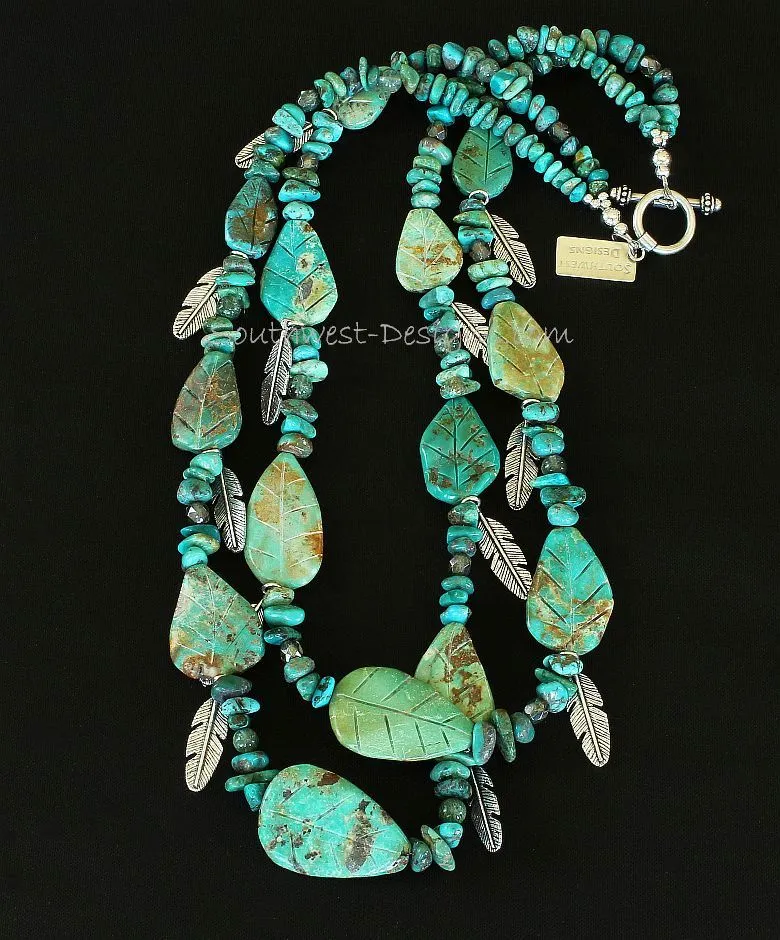 Turquoise Nugget and Leaves 2-Strand Necklace with Green Rutilated Quartz, Fire Polished Glass, Silver Feather Charms and Sterling Silver Toggle Clasp